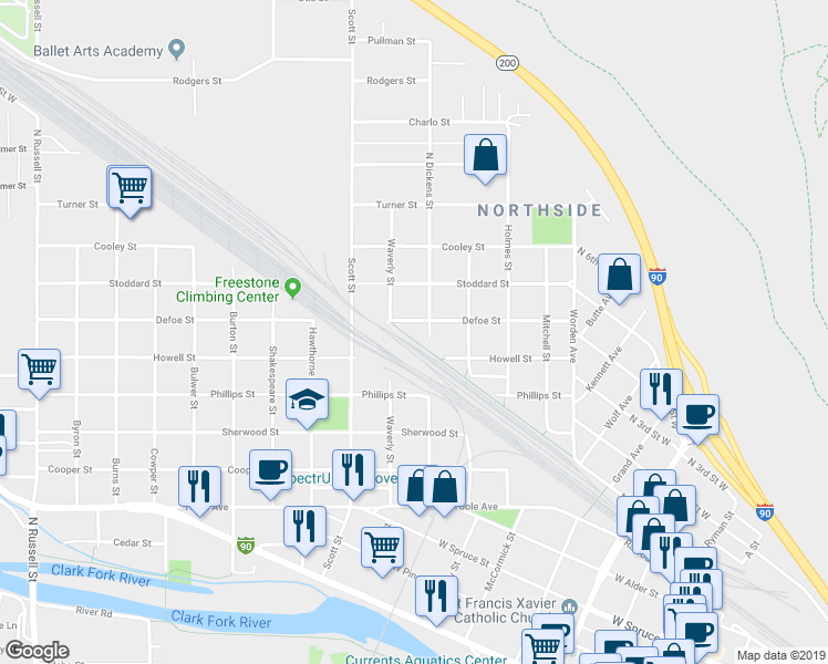 map of restaurants, bars, coffee shops, grocery stores, and more near 907 Defoe Street in Missoula