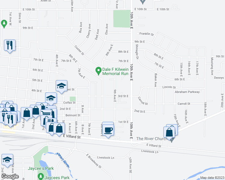 map of restaurants, bars, coffee shops, grocery stores, and more near 343 9th Avenue East in Dickinson