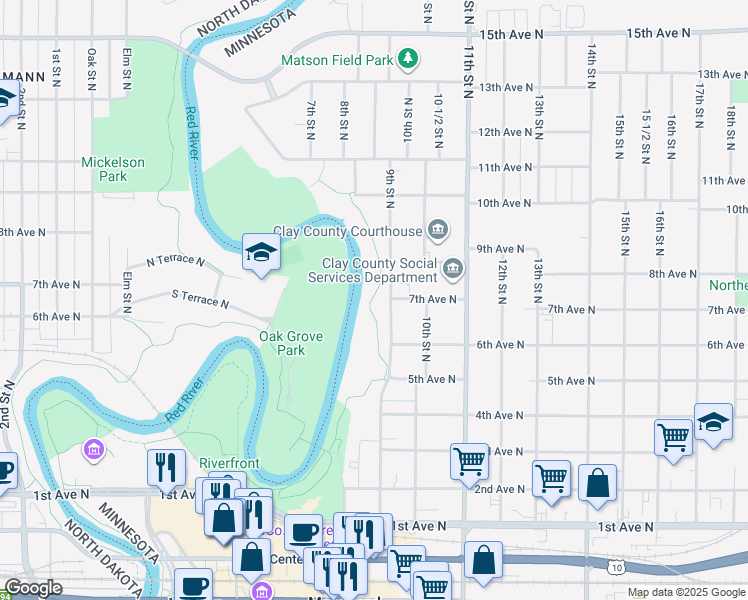 map of restaurants, bars, coffee shops, grocery stores, and more near 639 9th Street North in Moorhead