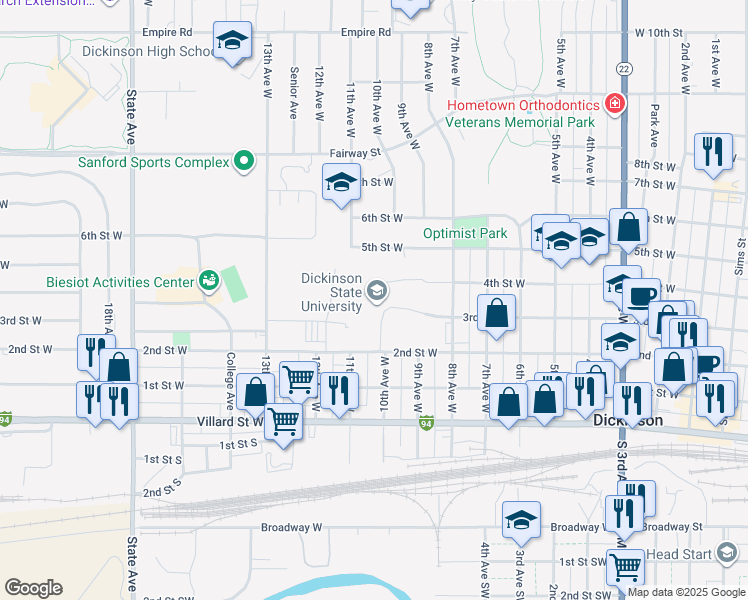 map of restaurants, bars, coffee shops, grocery stores, and more near 291 Campus Drive in Dickinson