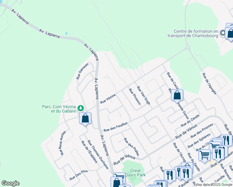 map of restaurants, bars, coffee shops, grocery stores, and more near Rue Vézina in Ville de Québec