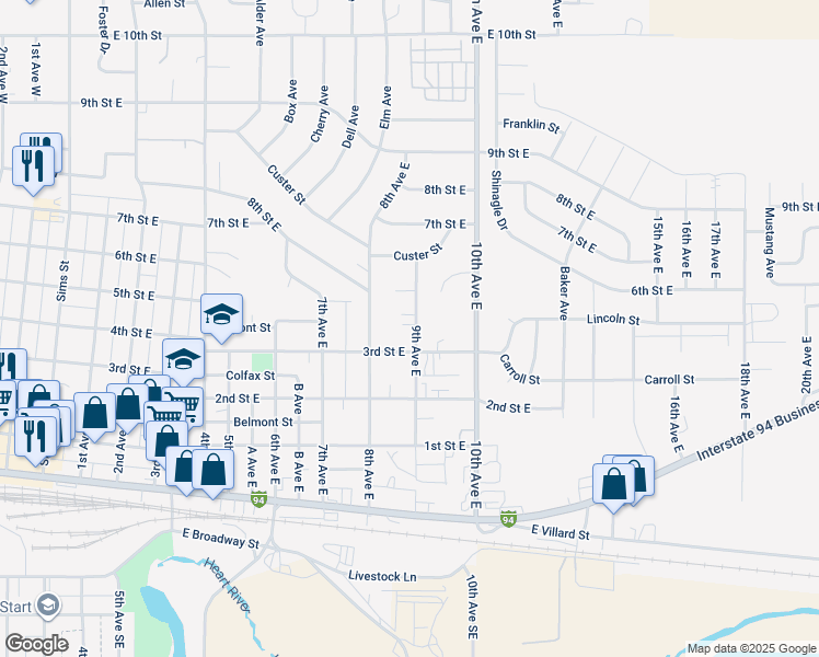 map of restaurants, bars, coffee shops, grocery stores, and more near 350 9th Avenue East in Dickinson