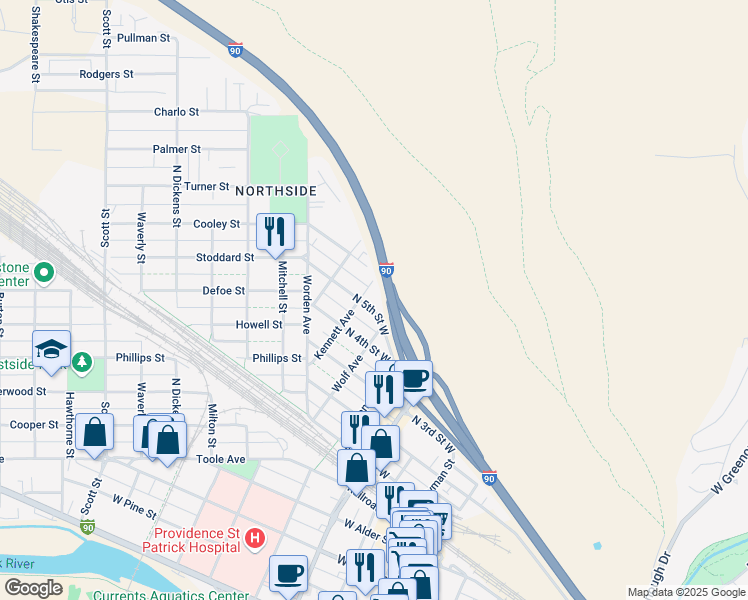 map of restaurants, bars, coffee shops, grocery stores, and more near 635 North 5th Street West in Missoula