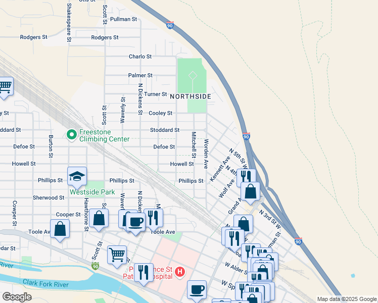 map of restaurants, bars, coffee shops, grocery stores, and more near 1100-1198 Mitchell Street in Missoula
