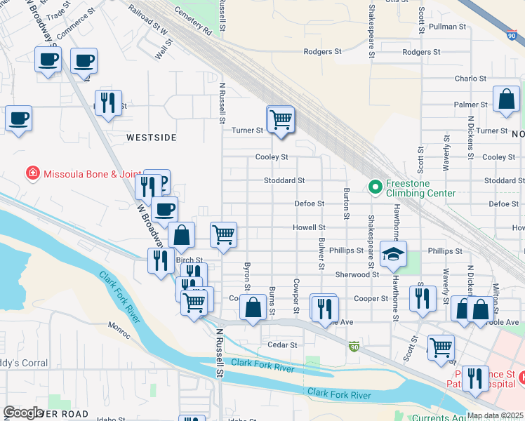 map of restaurants, bars, coffee shops, grocery stores, and more near 1110 Byron Street in Missoula