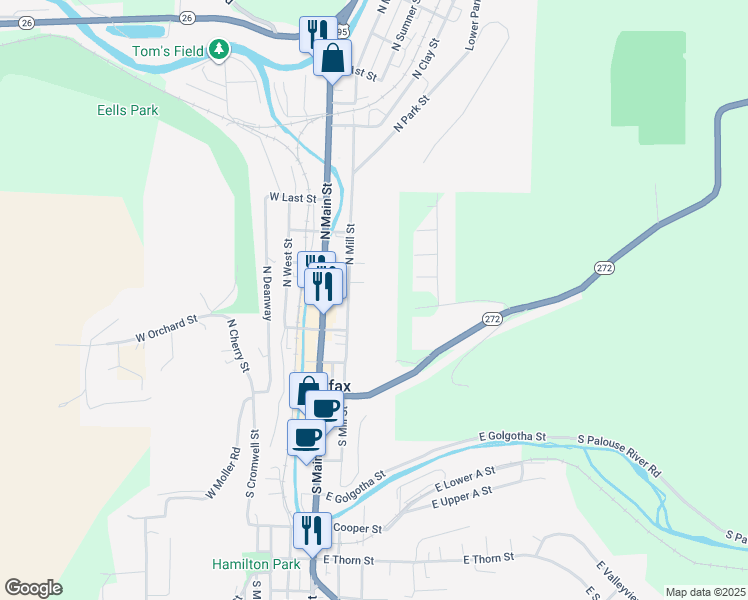 map of restaurants, bars, coffee shops, grocery stores, and more near 300 North Mill Street in Colfax