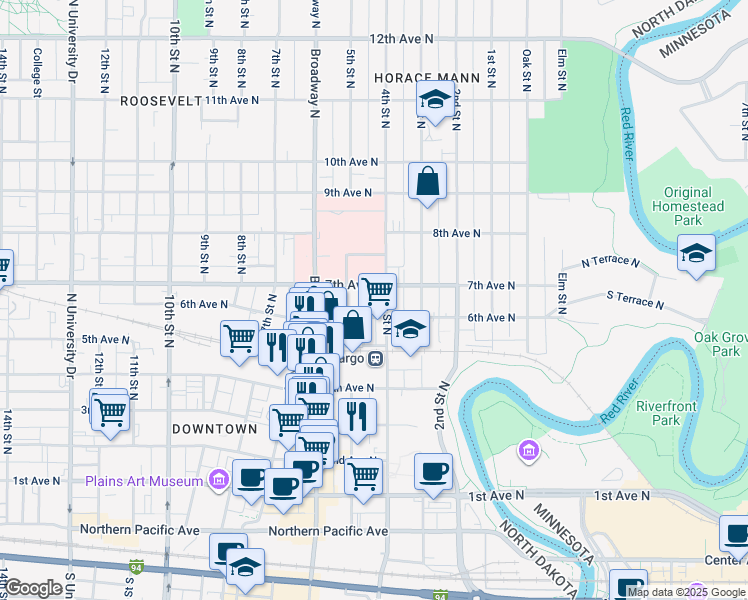map of restaurants, bars, coffee shops, grocery stores, and more near 601 4th Street North in Fargo