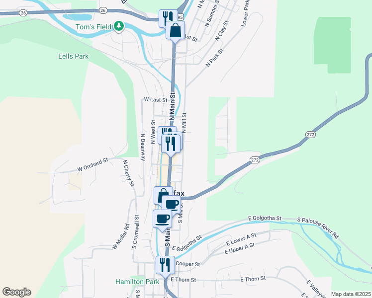 map of restaurants, bars, coffee shops, grocery stores, and more near 300 North Mill Street in Colfax
