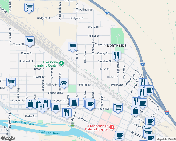 map of restaurants, bars, coffee shops, grocery stores, and more near 915 Defoe Street in Missoula