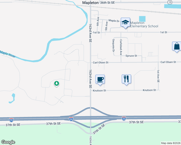map of restaurants, bars, coffee shops, grocery stores, and more near 3618 163rd Avenue Southeast in Mapleton