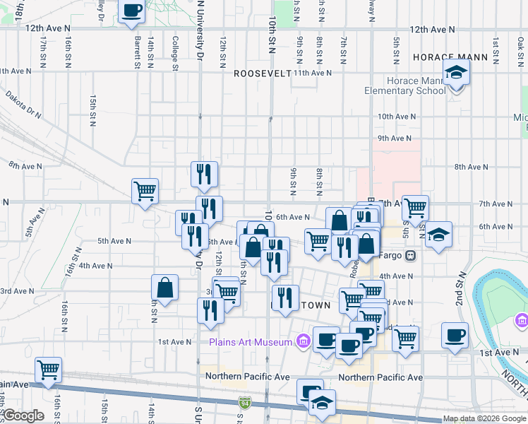 map of restaurants, bars, coffee shops, grocery stores, and more near 1002 6th Avenue North in Fargo