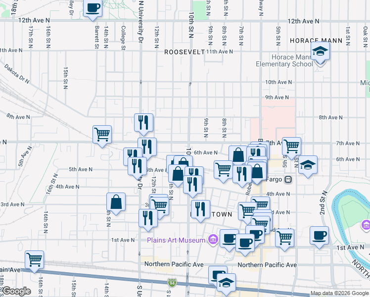 map of restaurants, bars, coffee shops, grocery stores, and more near 1002 6th Avenue North in Fargo