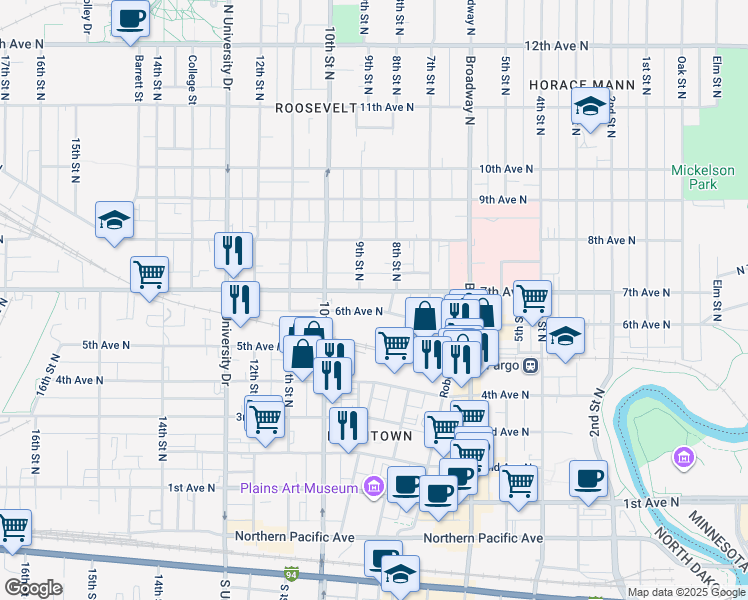 map of restaurants, bars, coffee shops, grocery stores, and more near 809 6th Avenue North in Fargo