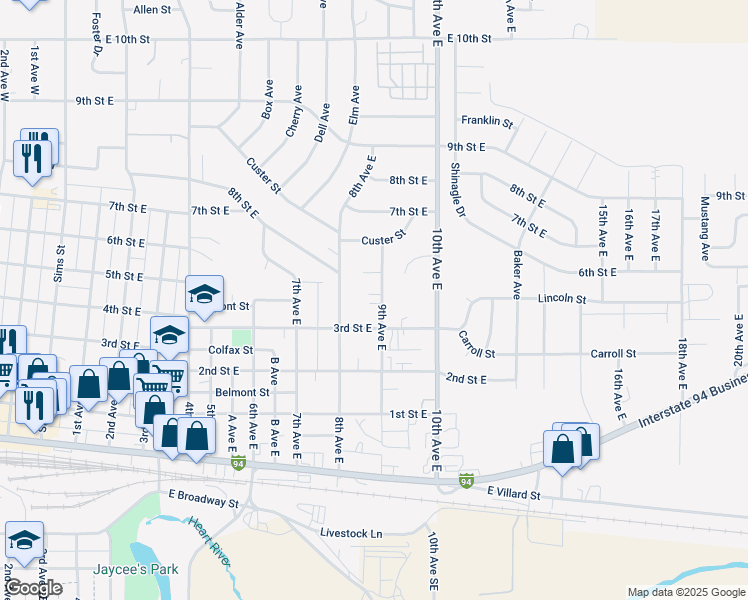 map of restaurants, bars, coffee shops, grocery stores, and more near 350 9th Avenue East in Dickinson