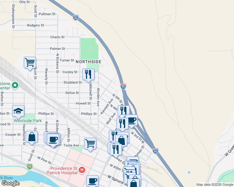 map of restaurants, bars, coffee shops, grocery stores, and more near 635 North 5th Street West in Missoula