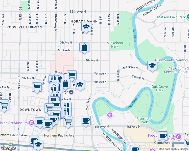 map of restaurants, bars, coffee shops, grocery stores, and more near 601 2nd Street North in Fargo