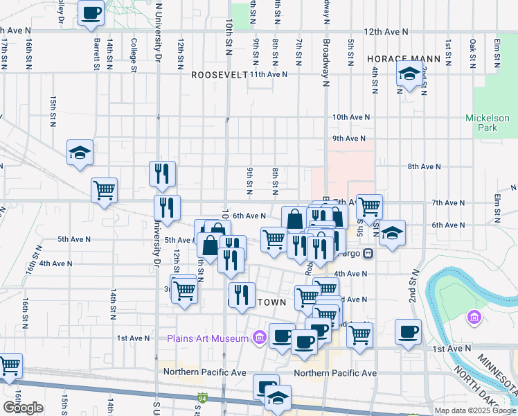 map of restaurants, bars, coffee shops, grocery stores, and more near 801 6th Avenue North in Fargo