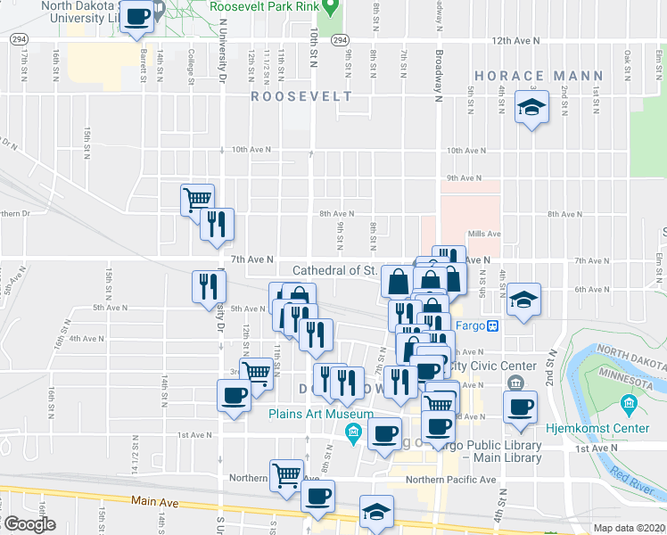 map of restaurants, bars, coffee shops, grocery stores, and more near in Fargo