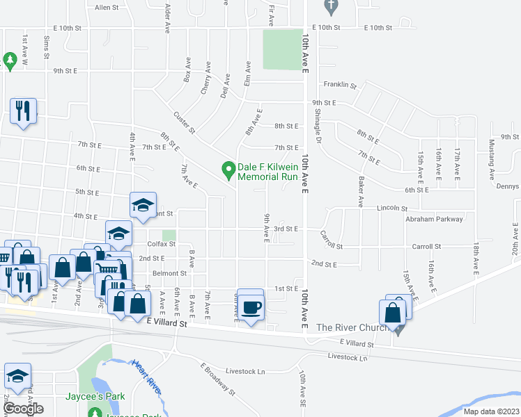 map of restaurants, bars, coffee shops, grocery stores, and more near 359 9th Avenue East in Dickinson