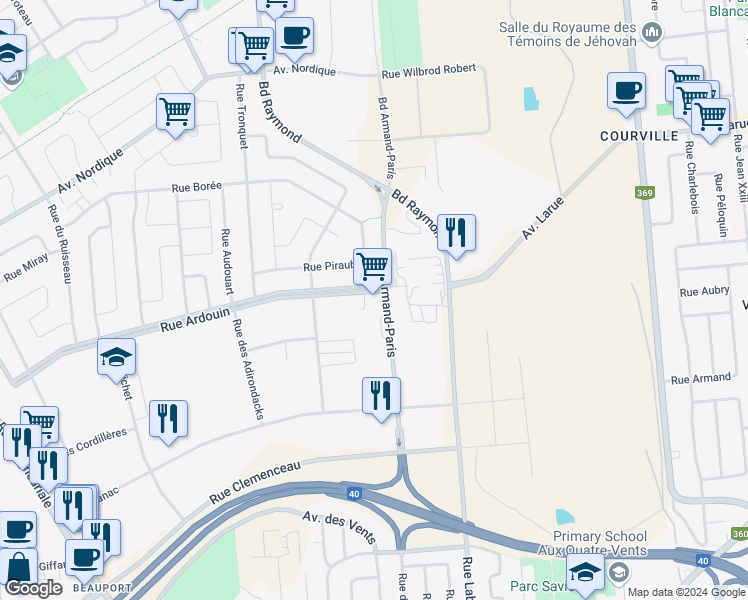 map of restaurants, bars, coffee shops, grocery stores, and more near 850 Rue Ardouin in Québec