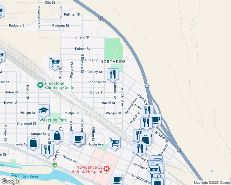 map of restaurants, bars, coffee shops, grocery stores, and more near 1198 Mitchell Street in Missoula
