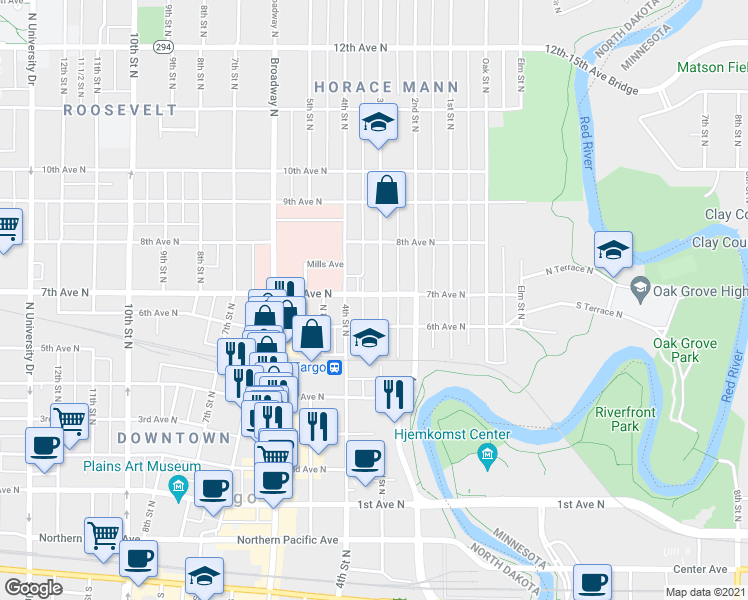 map of restaurants, bars, coffee shops, grocery stores, and more near 304 7th Avenue North in Fargo