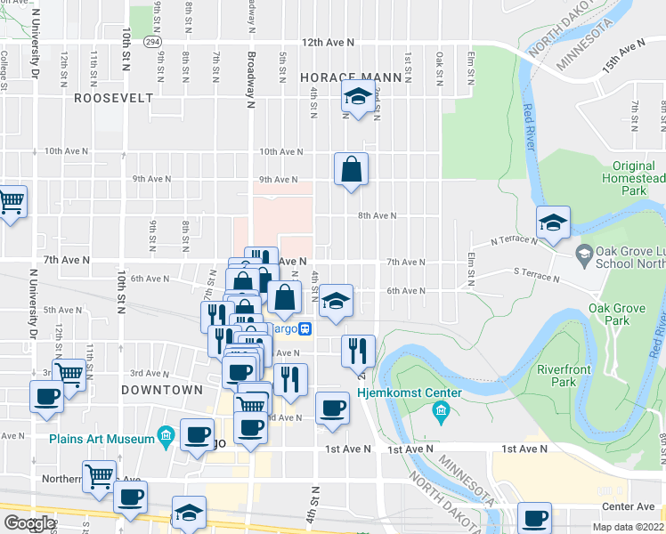 map of restaurants, bars, coffee shops, grocery stores, and more near 312 7th Avenue North in Fargo