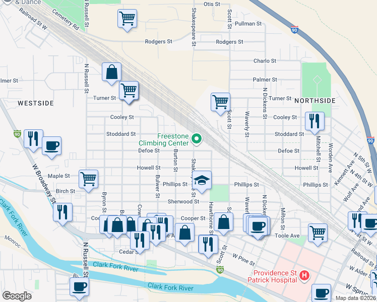map of restaurants, bars, coffee shops, grocery stores, and more near 1120 Shakespeare Street in Missoula
