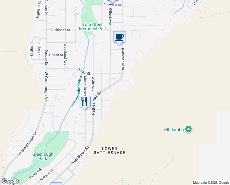 map of restaurants, bars, coffee shops, grocery stores, and more near 2110 Gilbert Avenue in Missoula