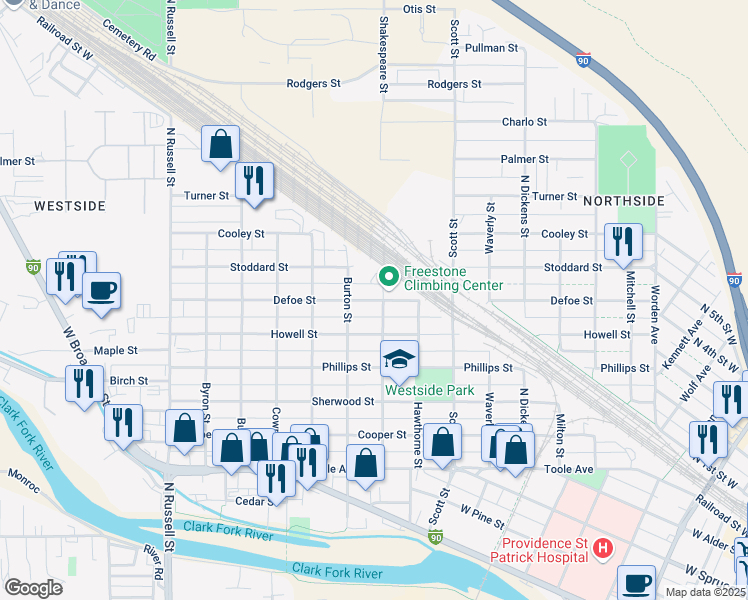 map of restaurants, bars, coffee shops, grocery stores, and more near 1120 Shakespeare Street in Missoula