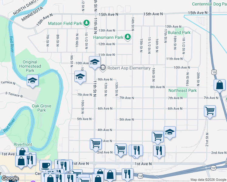 map of restaurants, bars, coffee shops, grocery stores, and more near 629 13th Street North in Moorhead