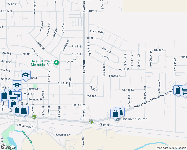 map of restaurants, bars, coffee shops, grocery stores, and more near 201-299 Adams Avenue in Dickinson