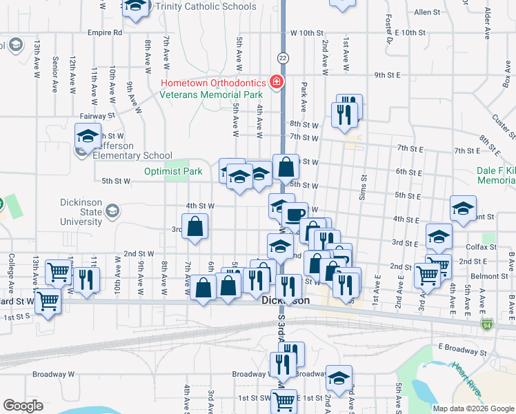 map of restaurants, bars, coffee shops, grocery stores, and more near 416 West 3rd Street in Dickinson