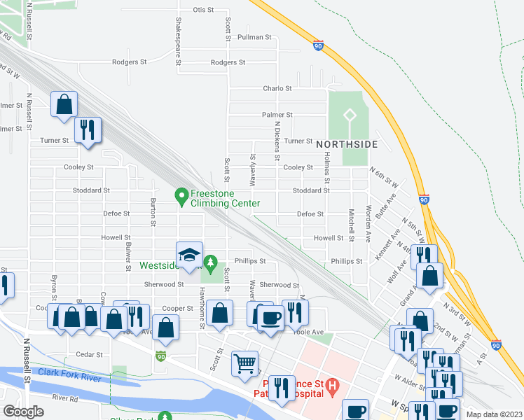 map of restaurants, bars, coffee shops, grocery stores, and more near 926 Defoe Street in Missoula