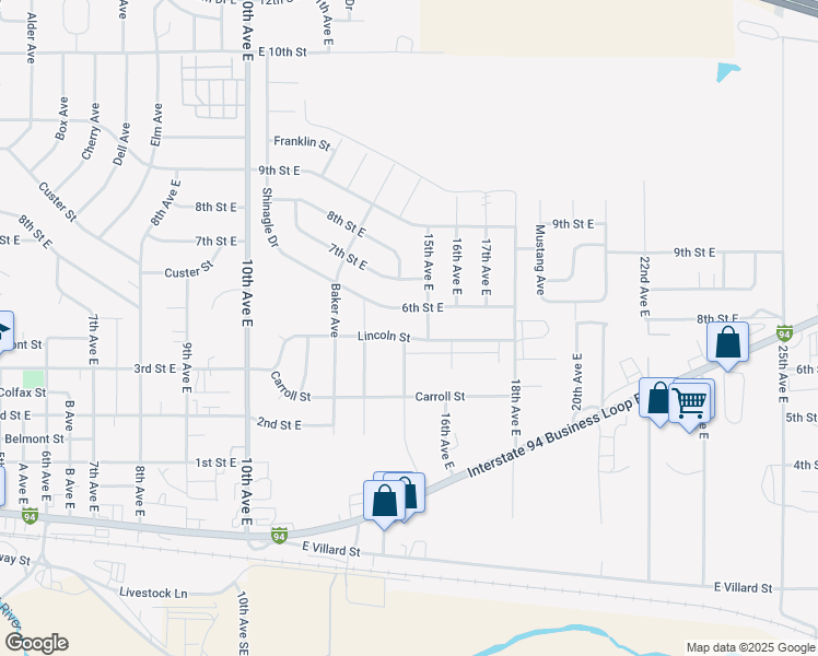 map of restaurants, bars, coffee shops, grocery stores, and more near 1391 Lincoln Street in Dickinson