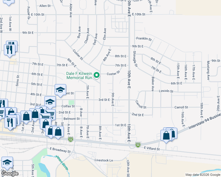 map of restaurants, bars, coffee shops, grocery stores, and more near 350 9th Avenue East in Dickinson