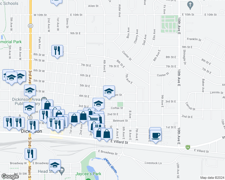 map of restaurants, bars, coffee shops, grocery stores, and more near 515 East 3rd Street in Dickinson