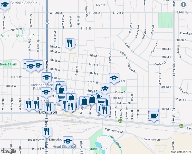 map of restaurants, bars, coffee shops, grocery stores, and more near 222 East 4th Street in Dickinson