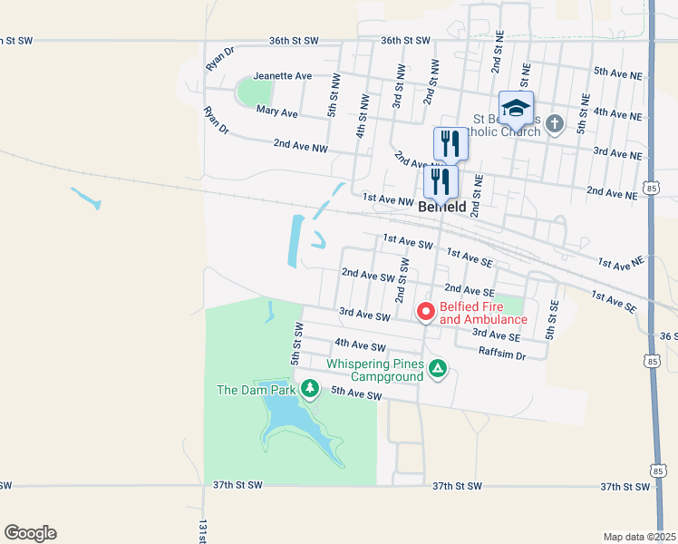 map of restaurants, bars, coffee shops, grocery stores, and more near 200-298 4th Street Southwest in Belfield