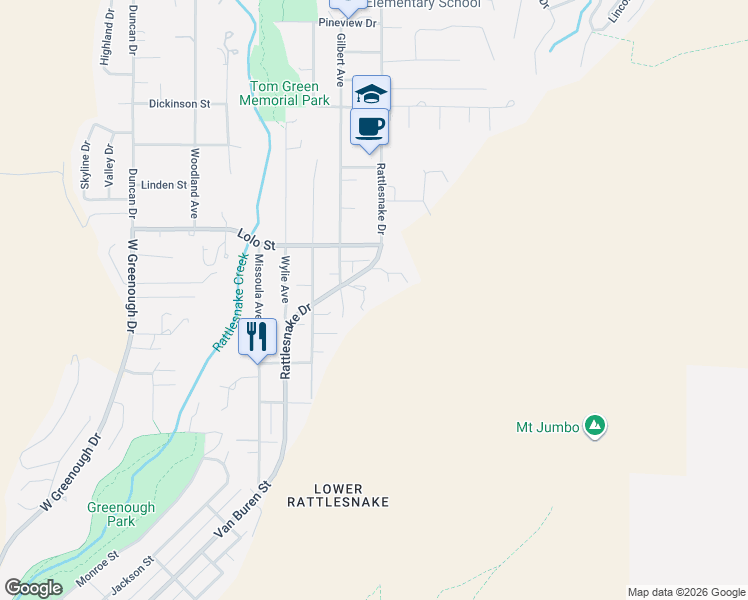 map of restaurants, bars, coffee shops, grocery stores, and more near 2224 1/2 Rattlesnake Dr in Missoula