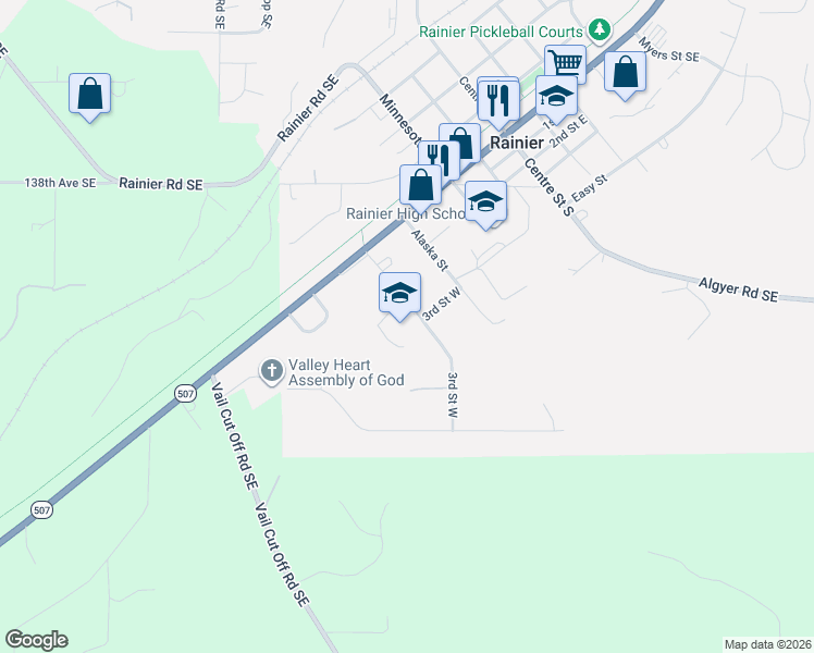 map of restaurants, bars, coffee shops, grocery stores, and more near Michigan Street South in Rainier