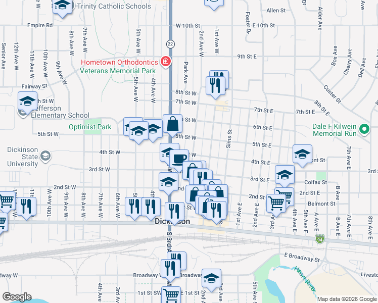 map of restaurants, bars, coffee shops, grocery stores, and more near 300-398 2nd Avenue West in Dickinson