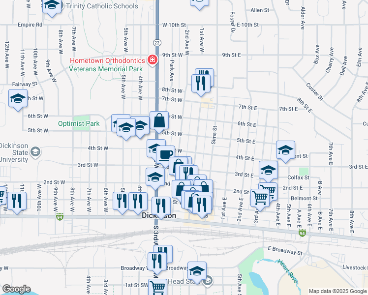 map of restaurants, bars, coffee shops, grocery stores, and more near 300-398 2nd Avenue West in Dickinson