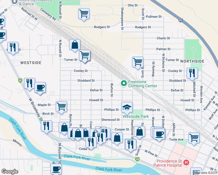 map of restaurants, bars, coffee shops, grocery stores, and more near 1300 Bulwer Street in Missoula