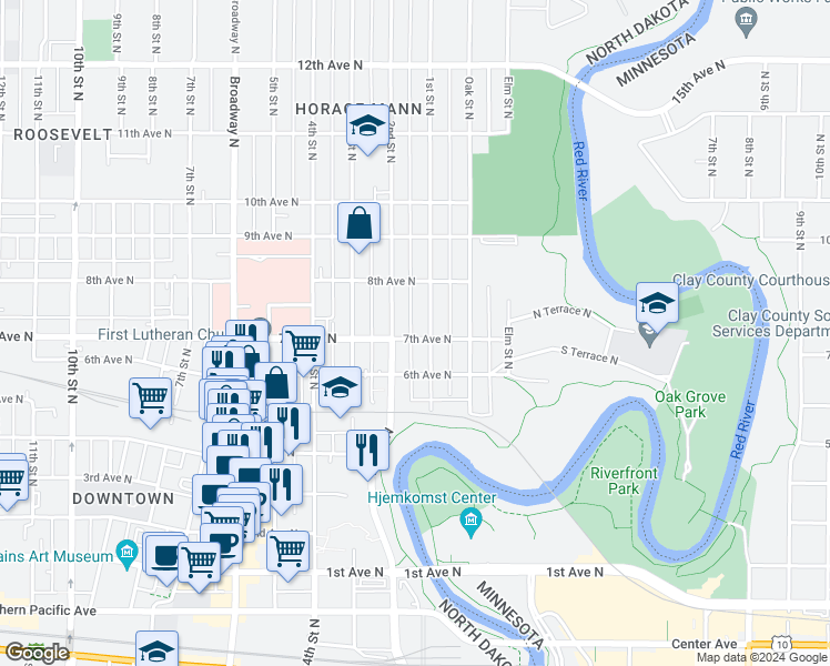 map of restaurants, bars, coffee shops, grocery stores, and more near 113 7th Avenue North in Fargo