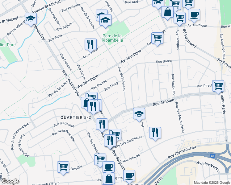 map of restaurants, bars, coffee shops, grocery stores, and more near 444 Rue Savaria in Quebec