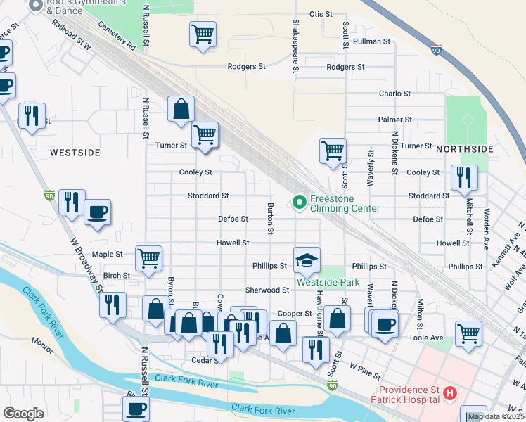 map of restaurants, bars, coffee shops, grocery stores, and more near 1300 Bulwer Street in Missoula