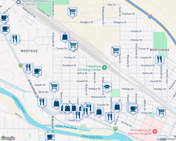 map of restaurants, bars, coffee shops, grocery stores, and more near 1300 Bulwer Street in Missoula