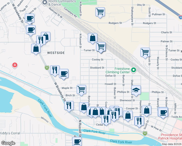 map of restaurants, bars, coffee shops, grocery stores, and more near 1300 Byron Street in Missoula