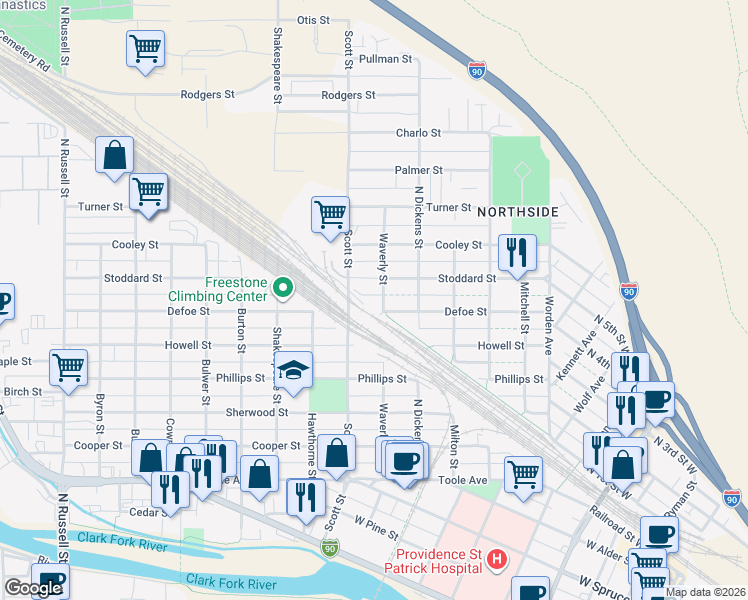 map of restaurants, bars, coffee shops, grocery stores, and more near 1245 Waverly Street in Missoula